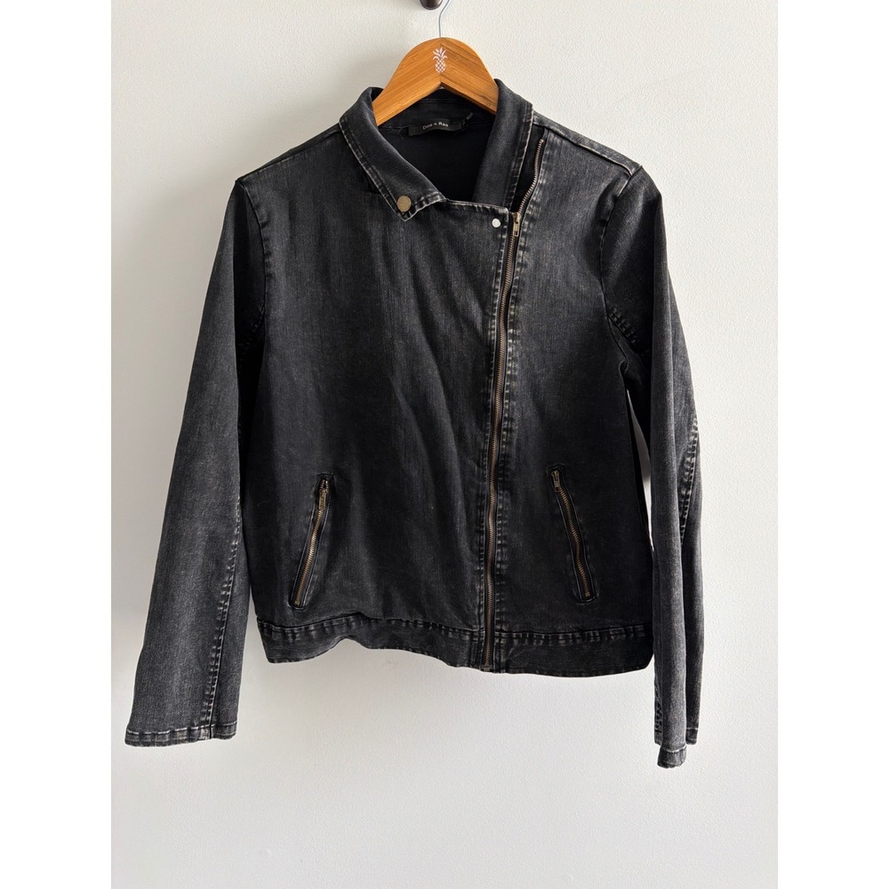 Doe & Rae Faded Black Denim Moto Jacket Asymmetrical Zip Womens Medium